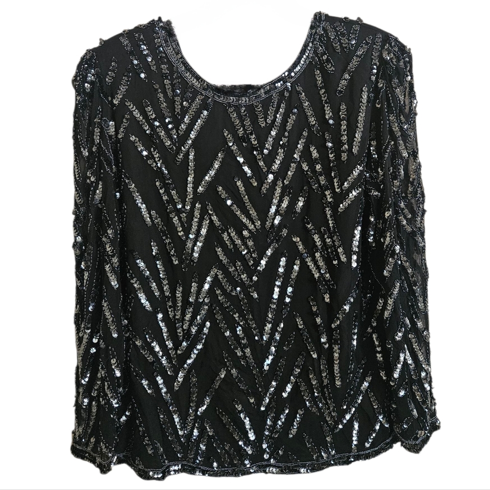 Vintage Oleg Cassini Black Silk Beaded & Sequined Evening Blouse Size L